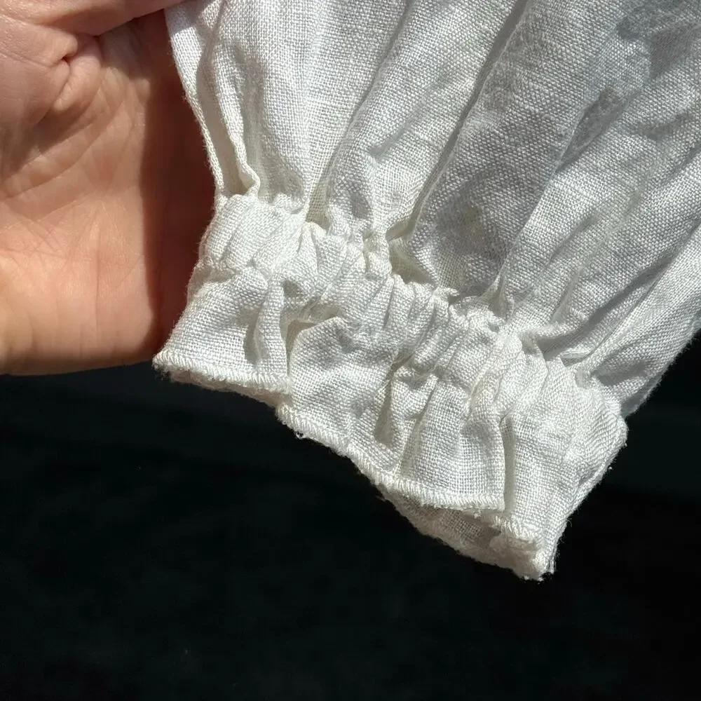 Zara 100% Linen White Puff Sleeve Blouse XS Oversized Coastal Minimalist Summer